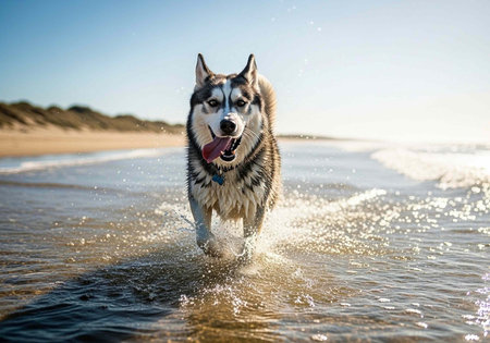 A husky dog running playfully in the shallow water on a sunny beach with a clear blue sky