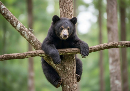 A black bear is sitting on a tree branch in a forest with a blurry background of trees
