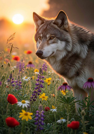 A wolf stands in a vibrant field of colorful flowers during a serene sunset