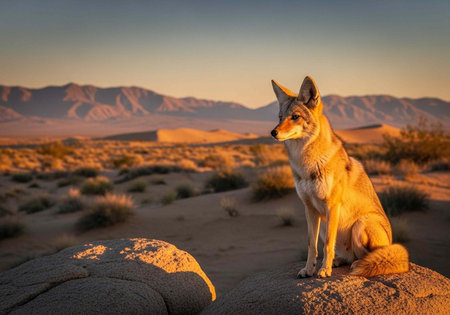 A coyote sits on a rock in a desert landscape with mountains in the background at sunset