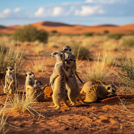 A group of meerkats standing and sitting in a desert landscape with red sand and blue sky
