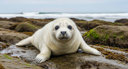 A small seal lies on a rocky beach with moss and seaweed, looking directly at the camera.