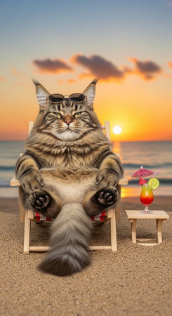 A relaxed cat wearing sunglasses sits on a beach chair at sunset with a cocktail nearbyの写真素材