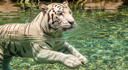 A white tiger swimming in a clear green body of water with its front paws extended forward.の写真素材