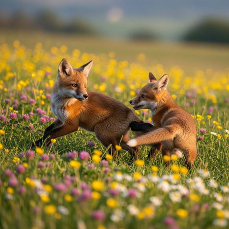 Two red foxes playing in a vibrant field of colorful wildflowers on a sunny day in nature