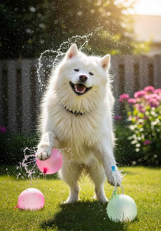 A happy white dog plays with water balloons in a sunny backyard on a warm summer day.の写真素材