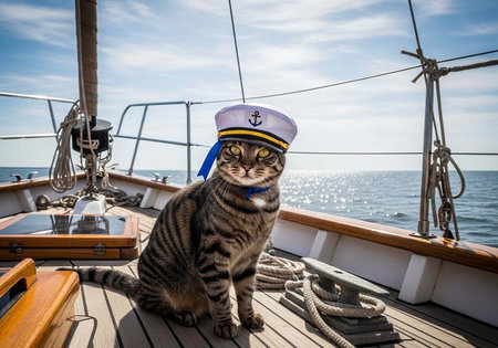 A curious cat wearing a sailor hat sits on the deck of a boat in the middle of the ocean