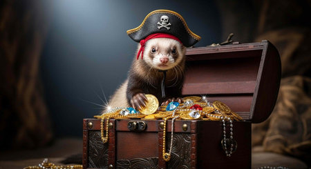 A ferret dressed as a pirate sitting in a treasure chest filled with gold and jewelsの写真素材
