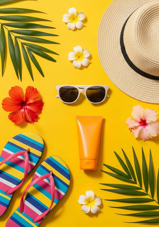 A vibrant summer setup with sunglasses, sunscreen, flip flops, and tropical flowers on a bright...