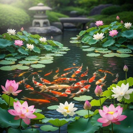 A serene pond with koi fish swimming among lily pads and vibrant lotus flowers in a peaceful garden settingの写真素材