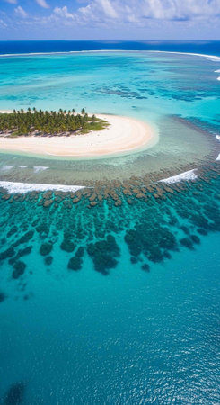 Aerial view of a serene tropical island with crystal clear waters and a vibrant coral reef