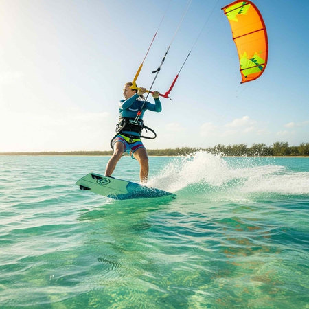 A man kite surfing on a clear blue ocean with a vibrant kite in the sky