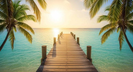 A serene wooden dock extends into the calm turquoise ocean at sunset surrounded by palm treesの写真素材