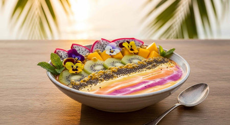 A vibrant and healthy breakfast bowl with fresh fruits and flowers on a wooden table outdoors