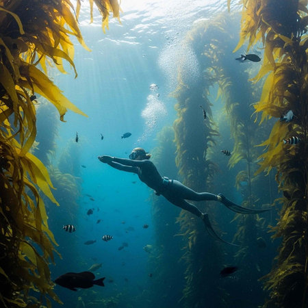 A woman swims through a vibrant underwater kelp forest surrounded by schools of small fish and sunlightの写真素材