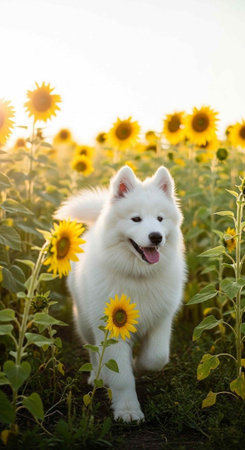 Happy white dog running through a sunflower field with a joyful expression on its face.