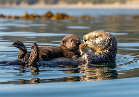 Mother and baby sea otters floating on water, interacting and playing together peacefully