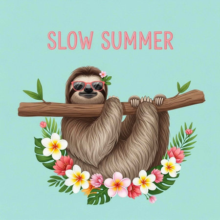 Cartoon sloth in sunglasses and flower, hanging on wood surrounded by tropical flowers and leaves