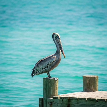 Pelican stands on wooden dock post, overlooking calm turquoise ocean water on sunny day