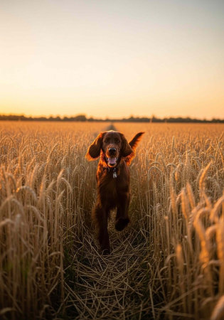 Dog with floppy ears and open mouth running through tall golden wheat field at sunset