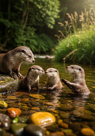Four brown otters interact in a serene river with clear water and multicolored stones