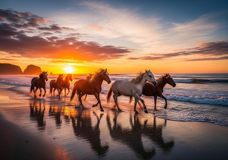 Group of horses running on wet beach sand with sunset and ocean waves in backgroundの写真素材