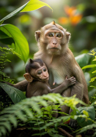 Heartwarming scene of a monkey mother and her baby in a dense jungle with green foliage