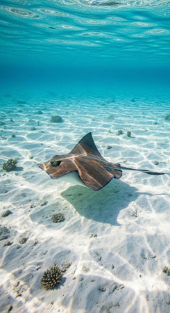 Stingray glides over white sand with clear blue water and seaweed in tropical ocean scene