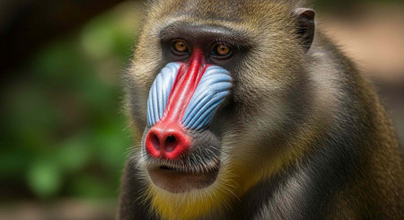 A detailed close-up of a mandrill's face showcasing its distinctive blue and red markings.