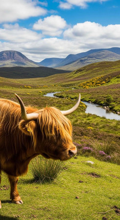 A brown Highland cow with long horns and shaggy fur stands on green grassy hills with mountains and a river.の写真素材