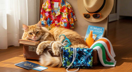 Cat lounges on brown suitcase with passport, colorful bag, sunglasses, hat, and summer clothes...