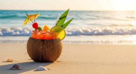 A refreshing cocktail in a coconut shell on a serene beach at sunset