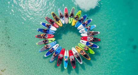 A group of people forming a circle with colorful paddleboards in calm turquoise water on a sunny day