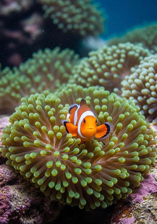 Small orange clownfish with white stripes swims among green sea anemone tentacles in coral reefの写真素材