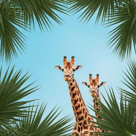 Giraffes with brown spots and long necks stand behind green palm leaves under a blue sky