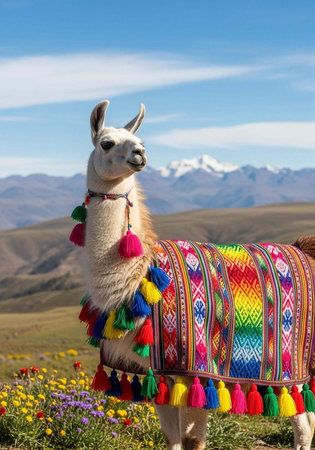 Llama in traditional attire stands amidst wildflowers with snow-capped mountains in the background...