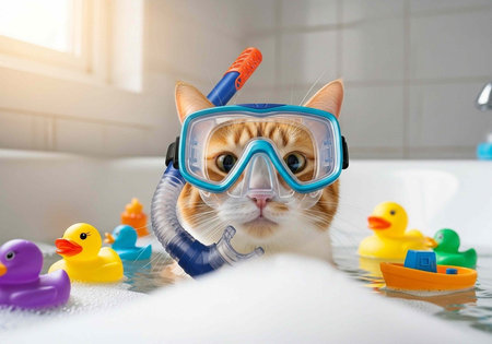 Cat wears blue snorkel mask, surrounded by rubber ducks, bubbles, and toys in a bathtub