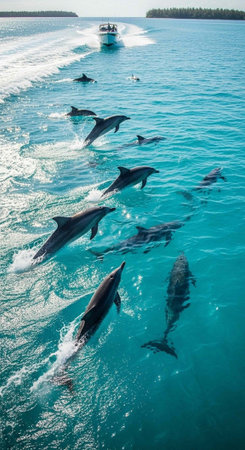 Aerial view of dolphins swimming in vibrant turquoise ocean with a speedboat in the background.