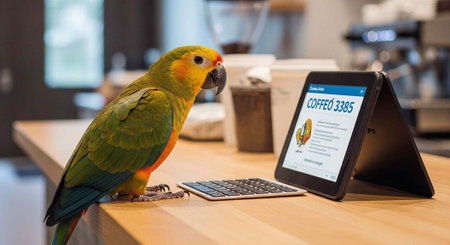 Vibrant green, yellow, and orange parrot sits next to tablet and keyboard on wooden countertop