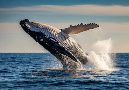 A humpback whale jumps out of the ocean water with a beautiful blue sky in the background.