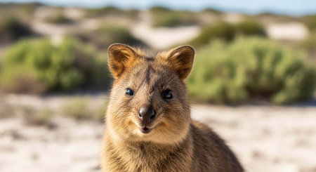 Close-up of a quokka with a friendly expression in a desert setting with sand and bushes.の写真素材