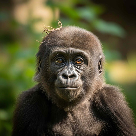 A young gorilla with dark brown fur and expressive eyes looks directly at the camera with a twig on...