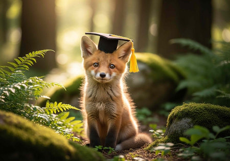 A young fox sits in a forest, wearing a graduation cap, surrounded by ferns and mossy stones.の写真素材