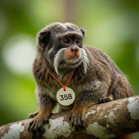 A monkey with brown fur and a white tag sits on a tree branch with green background.