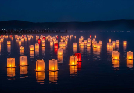 A serene and peaceful nighttime scene of glowing lanterns floating on a calm body of water