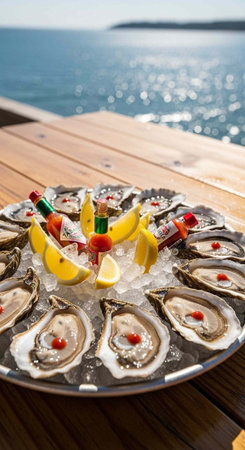 A plate of oysters on ice with lemon wedges and sauce bottles on a wooden dock by the ocean