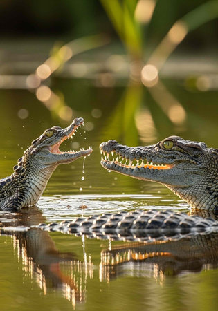 Two crocodiles facing each other in a body of water with their mouths open