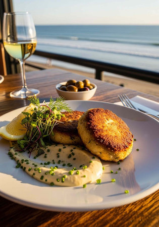 Fish cutlets with salad and white wine on the background of the sea
