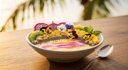 Pudding with mango, kiwi, dragon fruit and chia seedsの写真素材