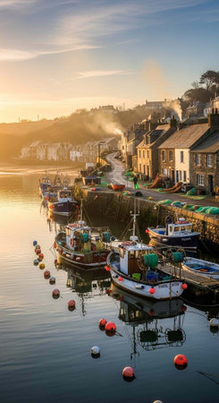 Fishing boats moored in the harbour at sunrise, Gloucestershire, UKの写真素材